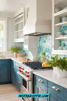 a kitchen with blue cabinets, white counters and green plants on the counter top in front of an oven