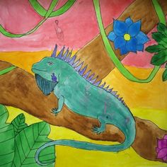 a drawing of a lizard sitting on a tree branch with flowers and leaves around it