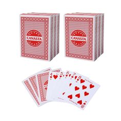 the canasta playing cards are red and white with hearts on each card deck