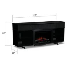 an entertainment center with a fireplace in the middle and measurements for each piece on display