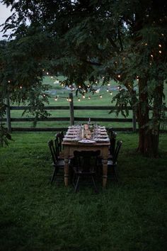 an outdoor table set up for dinner in the grass with lights strung from trees over it