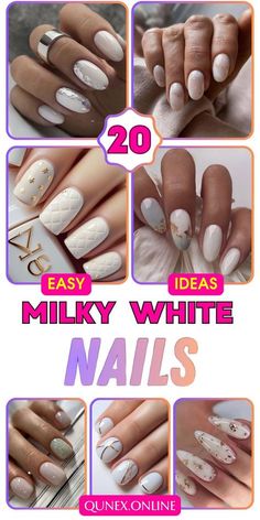 White Gold Gel Nails, Subtle White Nails, Milky White Holiday Nails, Nails Design With White, Milky White Nails Short, Milky White Nails With Rhinestones, White Nails Acrylic Design, White On White Nails, Milky White Nails Acrylic Design