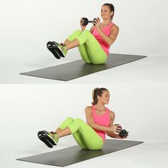 a woman is doing an exercise on a mat with dumbbells in both hands