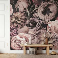 a floral wall mural in a living room