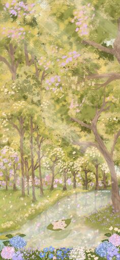 a painting of trees and flowers in a park