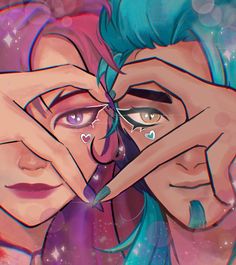 two people with blue hair are touching their noses and looking at each other's eyes