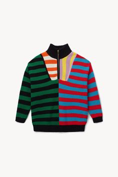 Our chunky cotton knit Hampton Sweater is an oversized boyfriend-style sweater in a bright, colorful stripe pattern. This style features a half-zip detail at the front.