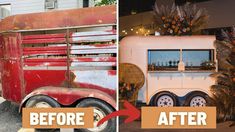 before and after photos of an old truck turned into a planter with flowers in it