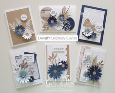 four different cards with flowers on them and the words delightful daisy cards written in white