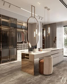 an elegant dressing room with mirrors, stools and lights on the ceiling is decorated in neutral tones