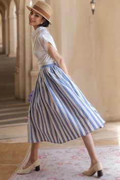 Linen Skirt Midi, Blue Striped Skirt, High Waist Long Skirt, Umbrella Skirt, Striped Midi Skirt, Linen Fashion, Skirt Maxi, Elegant Chic, Linen Skirt