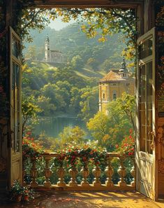 an open door leading into a lush green forest filled with trees and flowers on top of a hillside