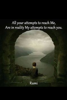 a person sitting on top of a stone wall next to an arch with the words rumi above it