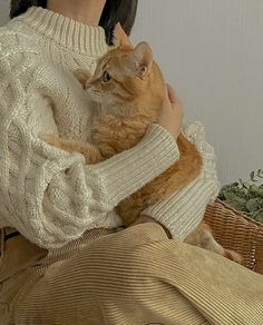 a woman holding an orange cat in her arms while wearing a white sweater and khaki pants