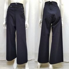 Excellent Vintage Condition. Size: 33r (No Stretch) Color: Dark Midnight Navy Vintage Authentic Us Navy Wool Button Front Bell Bottom Classic 13 Bottom Front High Waist, Buttons Have Anchors On Them, Lace Up Back, And Small Hidden Pockets At Waist. Masculine/Feminine Gender Neutral Cut Vintage, Authentic Us Navy Sailor Pants, Alluring, Androgynous, Beautiful, Classic Charming, Causal, Formal, Delicate, Elongates, Fabulous, Jaw-Dropping, Memorable, Military, Quirky, Retro, Nautical, Warm, Wool, W Sailor Pants Women, Us Navy Sailor, Retro Nautical, Sailor Uniform, Navy Uniforms, Vintage Sailor, Button Pants, Navy Sailor, Sailor Pants