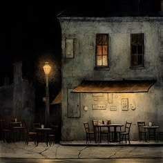 a painting of a restaurant at night with tables and chairs in front of the building