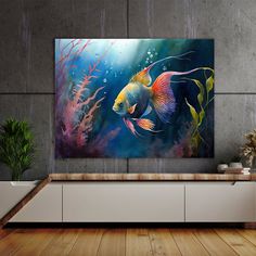 a painting on the wall of a room with a fish and seaweed in it