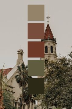 an image of a church with red roof and green trees in front of the building