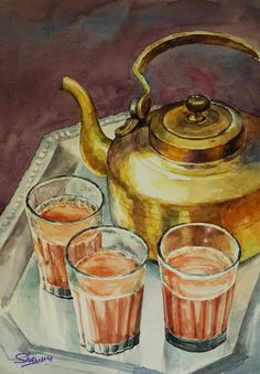 a painting of three glasses and a teapot on a tray with watercolor pencils