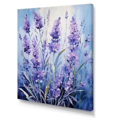 a painting of lavender flowers on a blue background with white trimmings and an acrylic effect