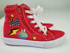 Hi and thanks for looking.  Today I'm selling a pair of Disney brand shoes.  Pictures are of actual item you will receive. You will receive: Disney Minnie Mouse Kid's Shoes Size 1 Zip Sides Red Black Bows Polka Dots Nice Condition: Pre-owned condition with light wear along the outside and bottoms from standard use, good intact soles and good treads.  Girl's shoe size 1, style code 173091, 25. Shipping: I ship out within two business days.  Shipping is via USPS Priority Class Mail to the United S Shoes Pictures, Black Bows, Brand Shoes, Black Bow, Converse Chuck Taylor High Top Sneaker, Converse High Top Sneaker, Shoe Brands, Converse Sneaker, Girls Shoes