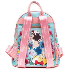 This beautiful LIMITED EDITION fashion mini backpack features the sweetest Disney character of them all: Snow White. The front of the bag has Snow White posing among the flowers and birds. The back of the bag shows Snow White with an apple ominously near her lips while the birds and flowers circle her. The side pockets show the castle on one side and a crown on the other. The bag has fabric straps perfect for puttingpins on. This backpack is sure to become a Collectors Item! Disney Snow White, Birds And Flowers, Disney Character, Mini Fashion, Mini Backpack, Leather Fashion, Snow White, Vegan Leather, Backpacks