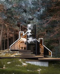 a house in the woods with stairs leading up to it's roof and windows