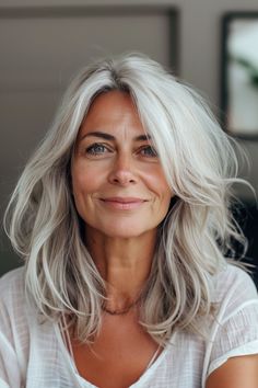 12. Textured Layers - Medium Length Hairstyle For 50-Year Old Woman Stylish Grey Hair Women, Medium Length Grey Hair Styles Over 50, Layered Fine Hair, Over 50 Wedding, Scandinavian Hairline, Hairstyle For Women Over 50, Grey Hair Model, Medium Length Hairstyles For Women, Medium Length Hairstyle