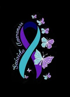 a purple and blue ribbon with butterflies around it