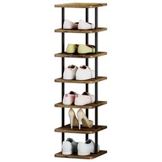 four tiered shelving unit with various pairs of shoes on the bottom and bottom shelves