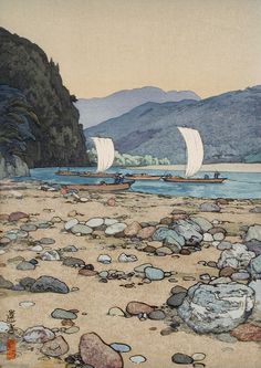 two boats on the water near some rocks and trees with mountains in the back ground