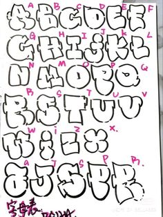 the letters and numbers are drawn with black marker on white paper, which has pink ink