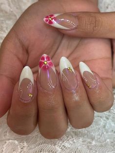 Red and White  Collar  ABS Plants Color Nails Embellished   Nail,Hand & Foot Care Hawaii Nails, Tropical Nails, White Nail, Funky Nails, Pretty Acrylic Nails, Best Acrylic Nails, Rhinestone Nails