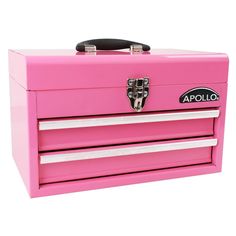 a pink tool box sitting on top of a white floor