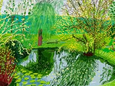 a painting of trees and water with lily pads in the foreground