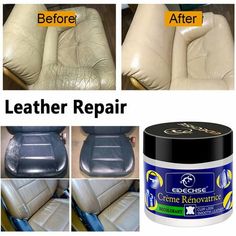 before and after photos of leather repair with the same product as it appears in this image