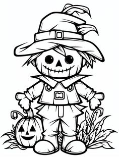 a black and white drawing of a scarecrow with a jack - o'lantern