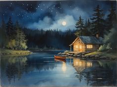 a painting of a boat in the water near a cabin