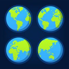 four different views of the earth in blue and green colors on a dark background with space for text