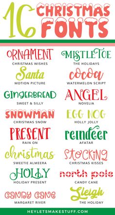 christmas font and numbers with the names for each letter in red, green, yellow and white