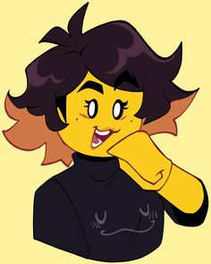 a drawing of a woman with black hair and yellow eyes, wearing a black shirt