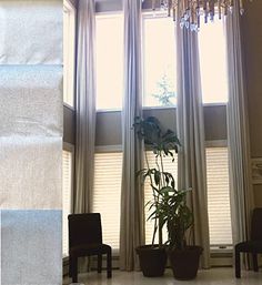 a living room with two chairs and a potted plant in front of the window