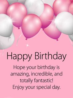 happy birthday card with pink and white balloons in the air, on a pink background