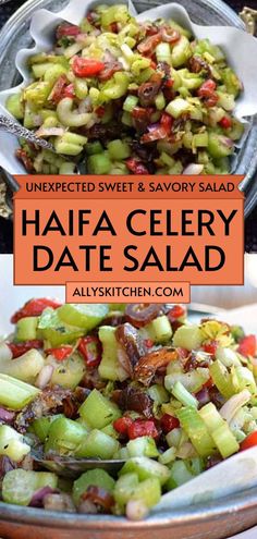 Collage of overhead shot of Haifa celery date salad in bowl at top and closeup shot of celery date salad at bottom. Citadel Celery Salad, Hotel Citadel Celery Salad, Celery Salad Recipes, Date Salad, Vegetable Side Dishes Recipes, Side Dishes Recipes, Savory Dishes, Vegetable Side