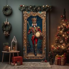 a christmas scene with an image of a nutcracker