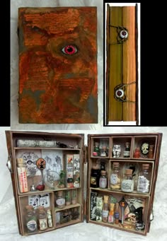 an open wooden box with many items in it and two pictures on the inside one