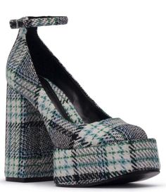 From D'Amelio Footwear, the Rayva Plaid Ankle Strap Platform Block Heel Pumps feature:Plaid fabric upperBuckled ankle strap closureSynthetic liningSynthetic outsoleApprox. 1.77" platform heightApprox. 4.72" heel heightImported. Plaid Platform Heels, Corporate Punk, Plaid Heels, Plaid Shoes, Block Heel Pumps, Cracked Heels, Platform Block Heels, Versatile Wardrobe, Gold Heels