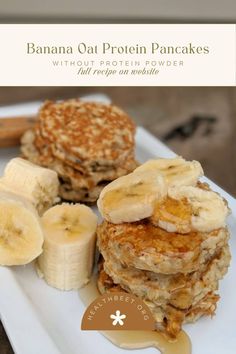 pancakes with bananas and peanut butter on a white plate