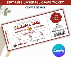 a red and white baseball ticket sitting on top of a table