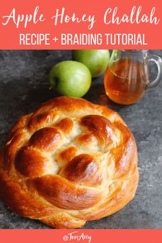 an apple pie with the words apple honey challah recipe and braiding on it